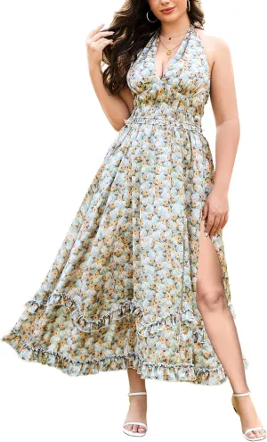 Women's Summer Sundress Sleeveless Halter V Neck Boho Floral Maxi Dress Elastic Waist Ruffle Spring Vacation Outfits