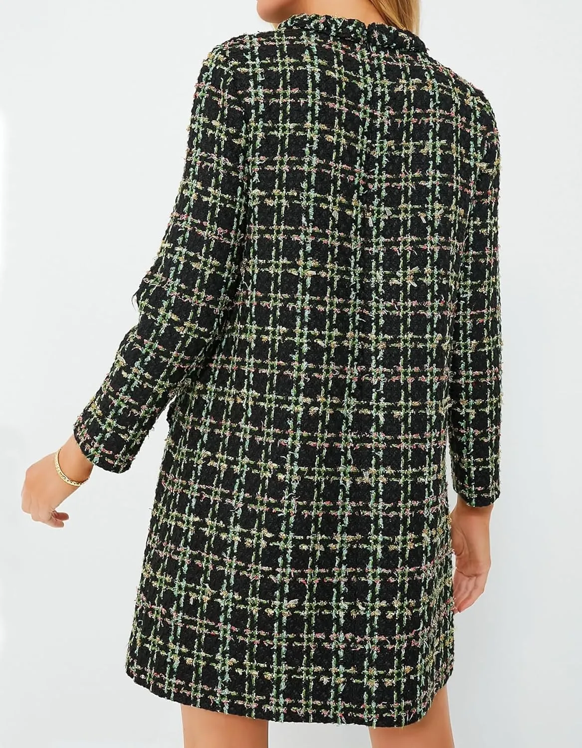 Womens Tweed Jackie Dress Elegant Crew Neck Long Sleeve Casual A-line Mini Dress