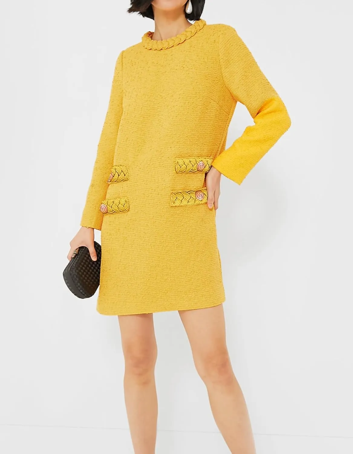 Womens Tweed Jackie Dress Elegant Crew Neck Long Sleeve Casual A-line Mini Dress