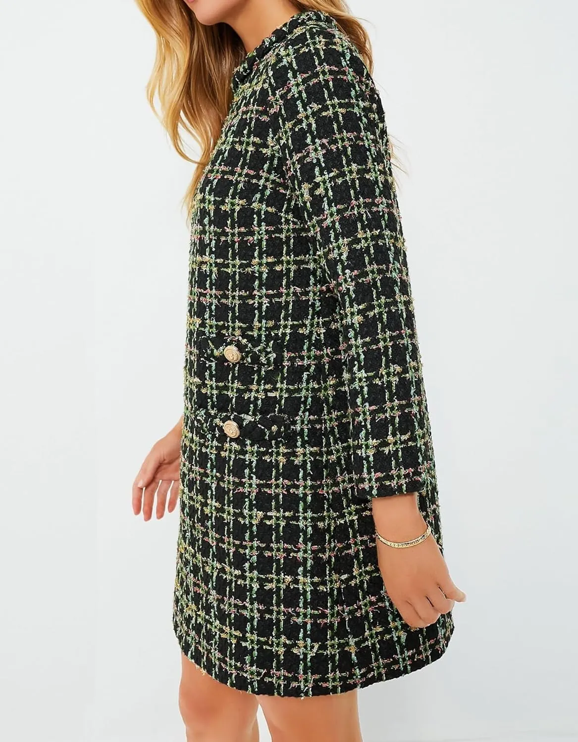 Womens Tweed Jackie Dress Elegant Crew Neck Long Sleeve Casual A-line Mini Dress