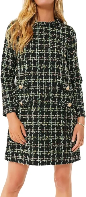 Womens Tweed Jackie Dress Elegant Crew Neck Long Sleeve Casual A-line Mini Dress