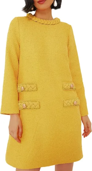 Womens Tweed Jackie Dress Elegant Crew Neck Long Sleeve Casual A-line Mini Dress