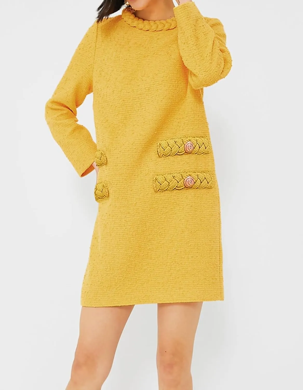 Womens Tweed Jackie Dress Elegant Crew Neck Long Sleeve Casual A-line Mini Dress