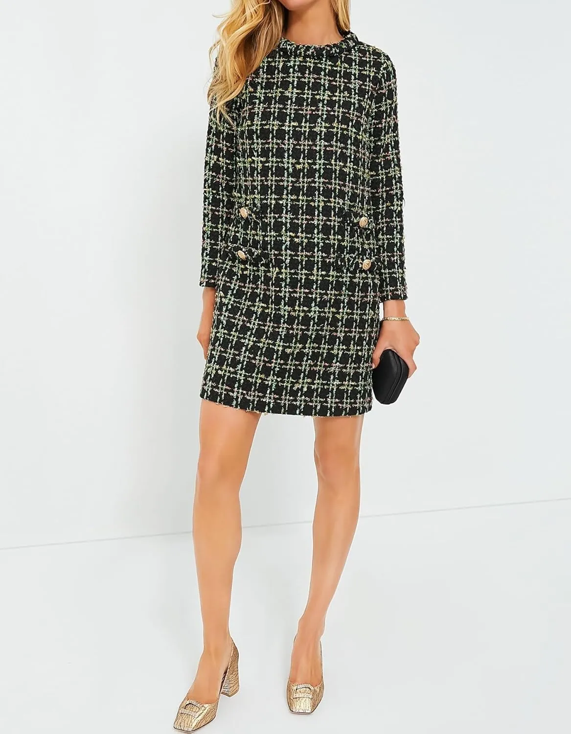 Womens Tweed Jackie Dress Elegant Crew Neck Long Sleeve Casual A-line Mini Dress