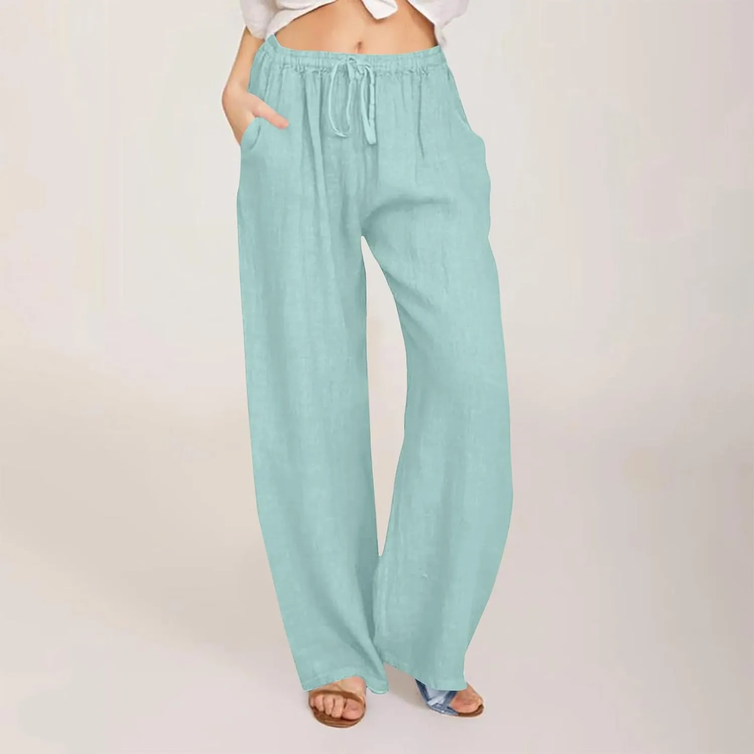 Womens Wide Leg Lounge Pants High Waisted Drawstring Casual Loose Palazzo Trousers Elastic Waist Pant with Pockets