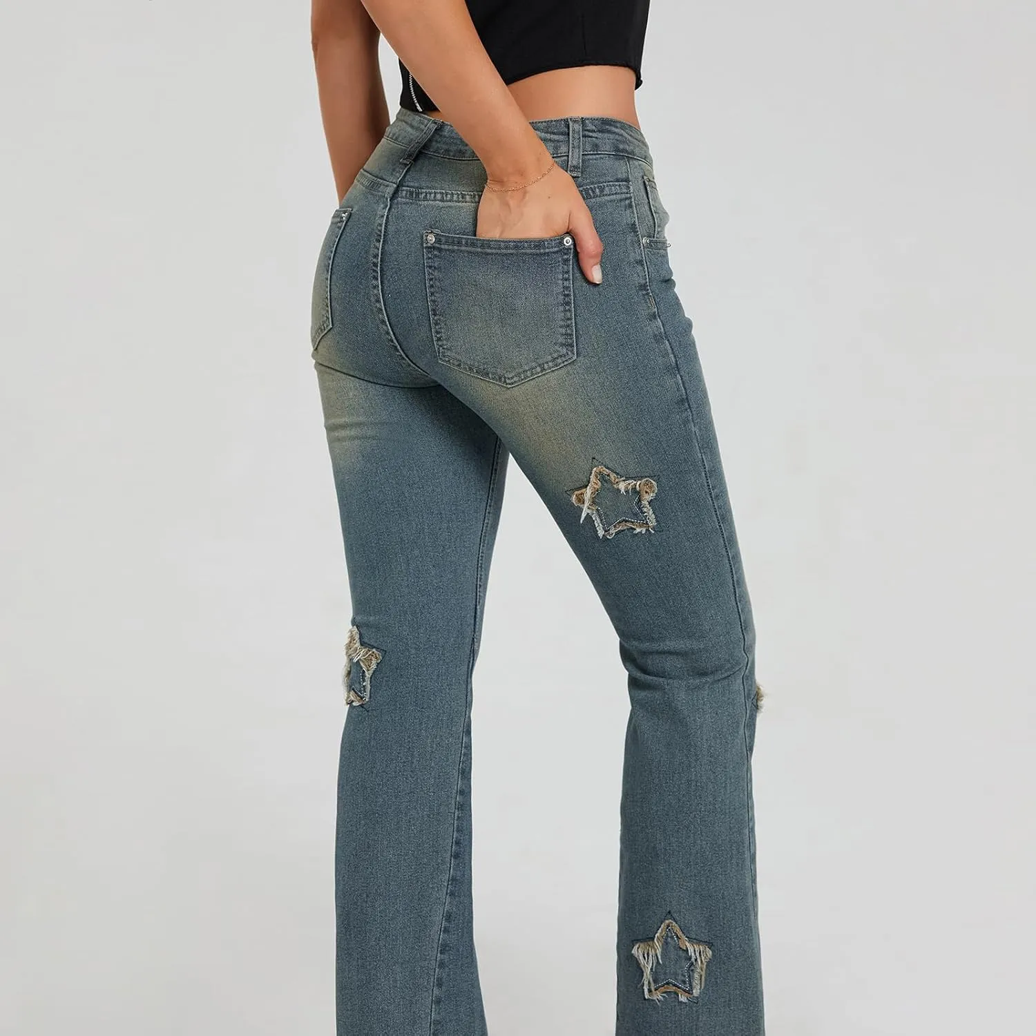 Womens Y2k Bootcut Jeans Pull On Wide Leg Stretch Washed Distressed Skinny Flare Pants Low Rise Trouser