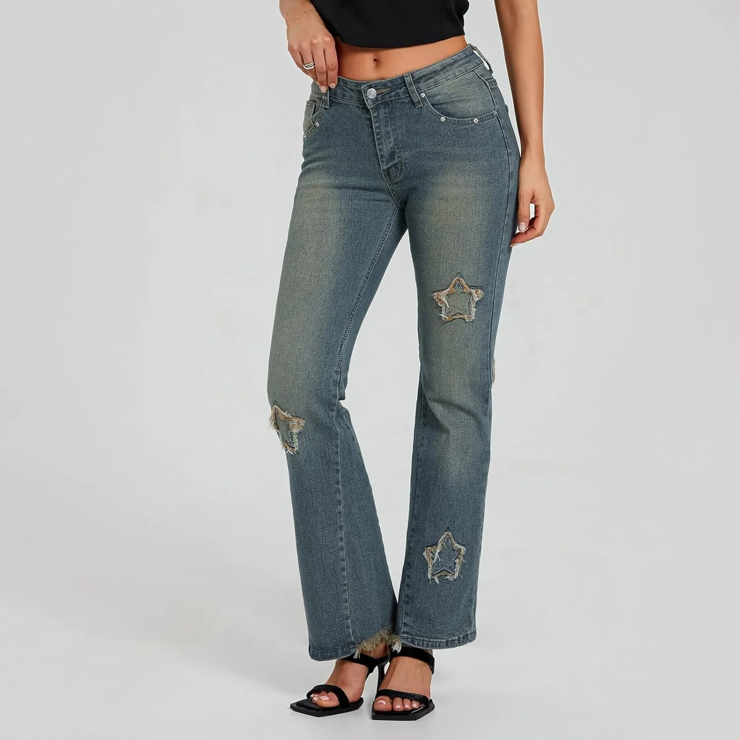 Womens Y2k Bootcut Jeans Pull On Wide Leg Stretch Washed Distressed Skinny Flare Pants Low Rise Trouser
