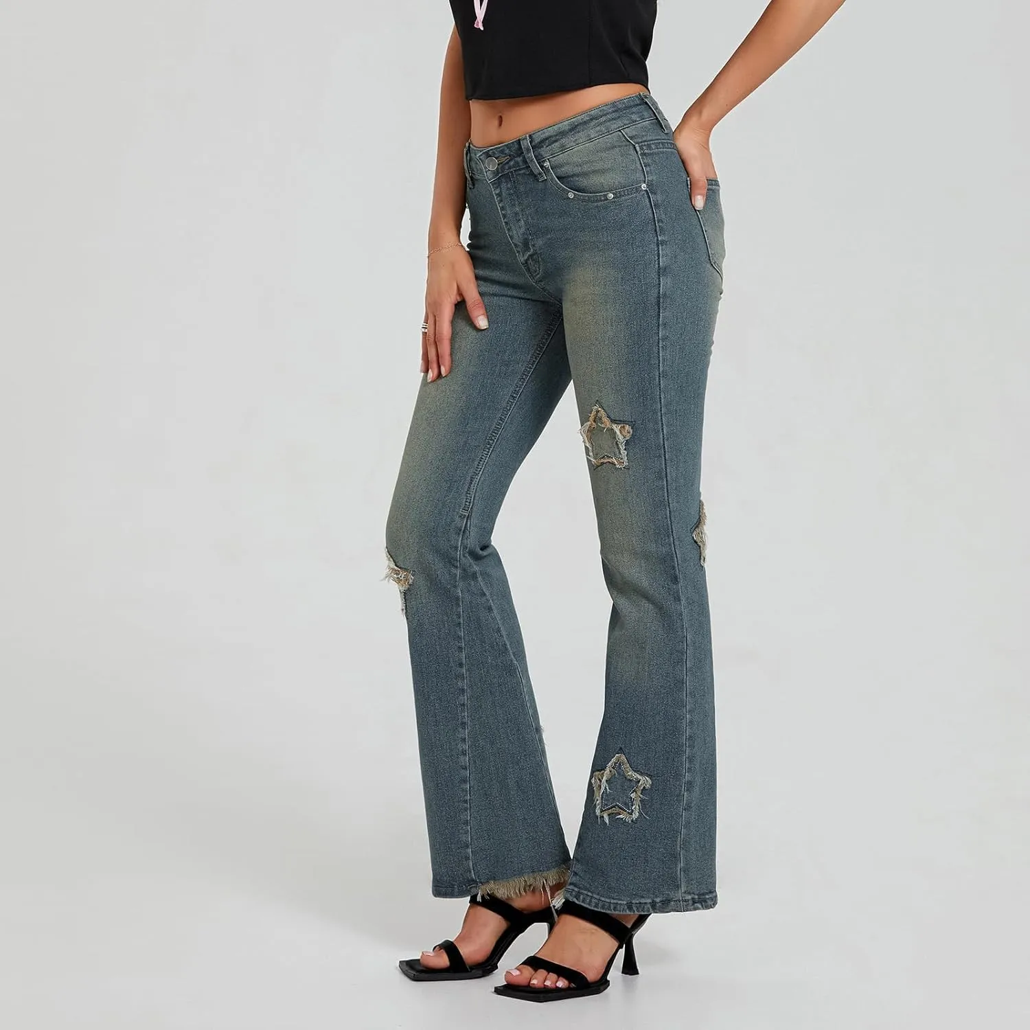 Womens Y2k Bootcut Jeans Pull On Wide Leg Stretch Washed Distressed Skinny Flare Pants Low Rise Trouser