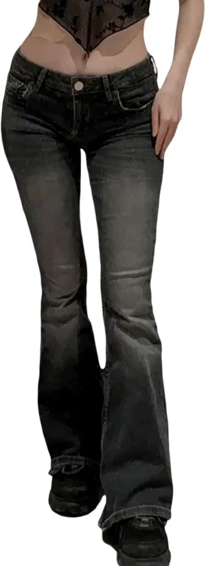 Womens Y2k Bootcut Jeans Pull On Wide Leg Stretch Washed Distressed Skinny Flare Pants Low Rise Trouser