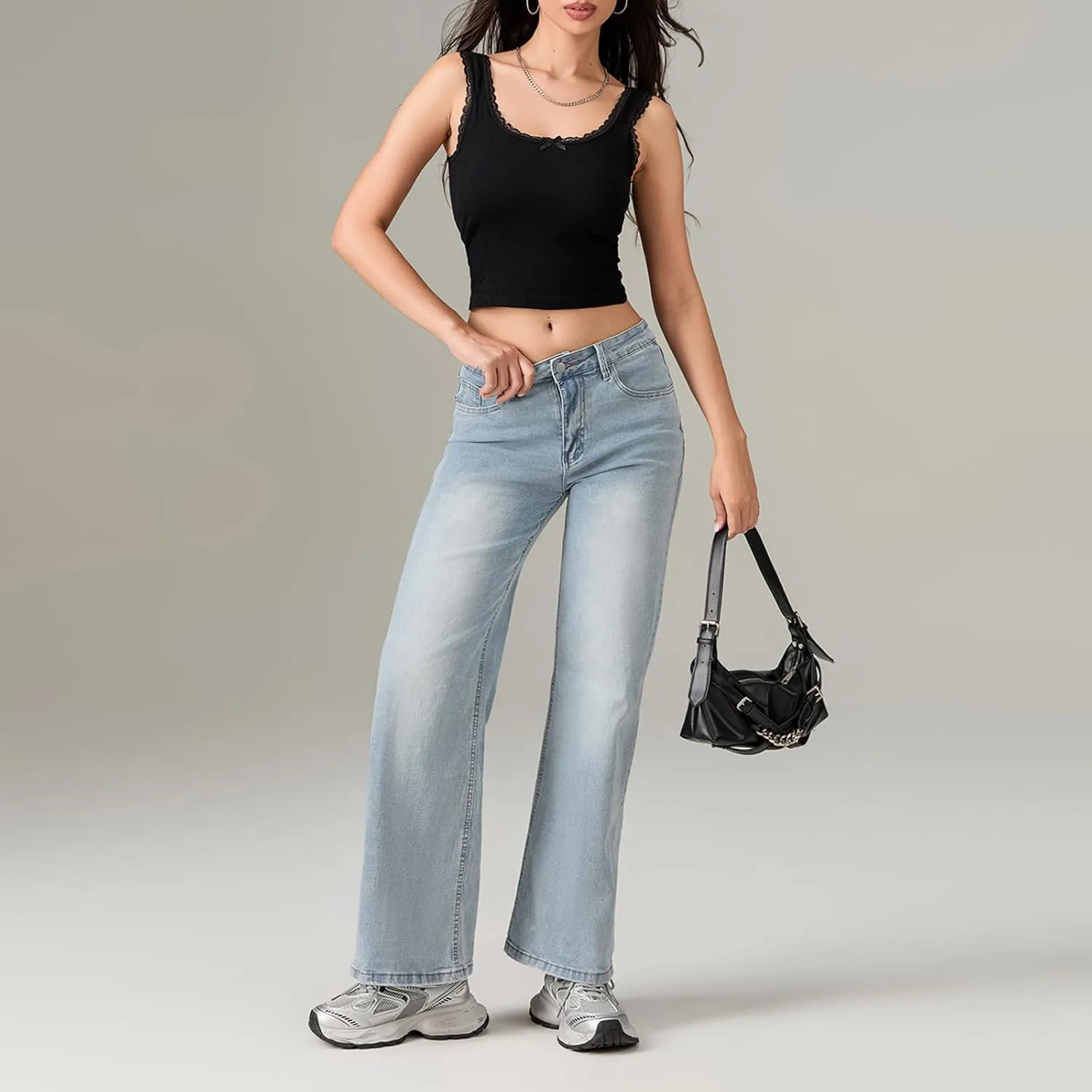 Womens Y2k Bootcut Jeans Pull On Wide Leg Stretch Washed Distressed Skinny Flare Pants Low Rise Trouser