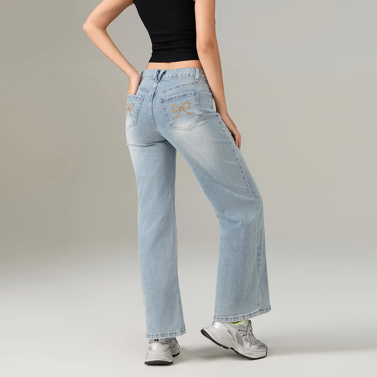 Womens Y2k Bootcut Jeans Pull On Wide Leg Stretch Washed Distressed Skinny Flare Pants Low Rise Trouser