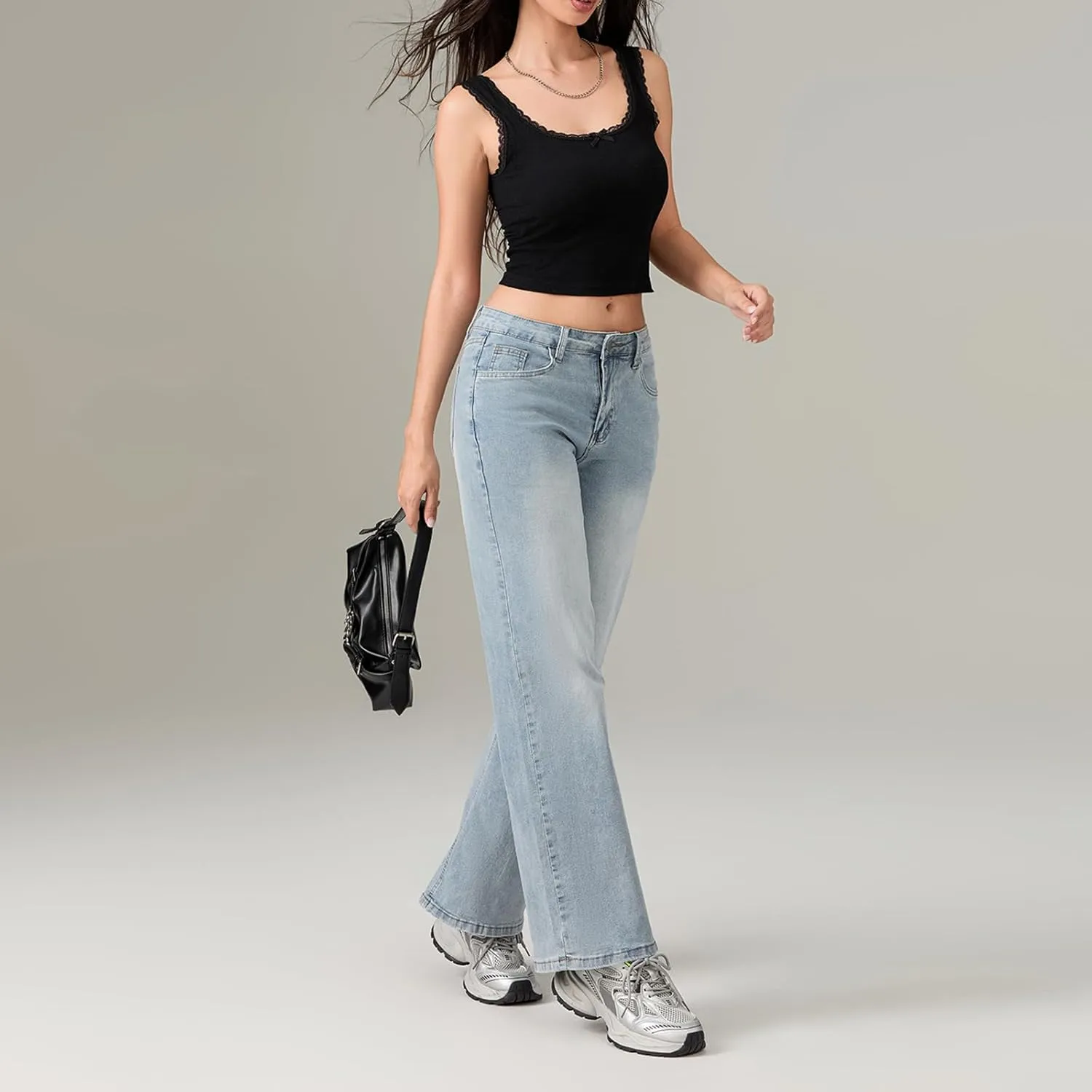 Womens Y2k Bootcut Jeans Pull On Wide Leg Stretch Washed Distressed Skinny Flare Pants Low Rise Trouser