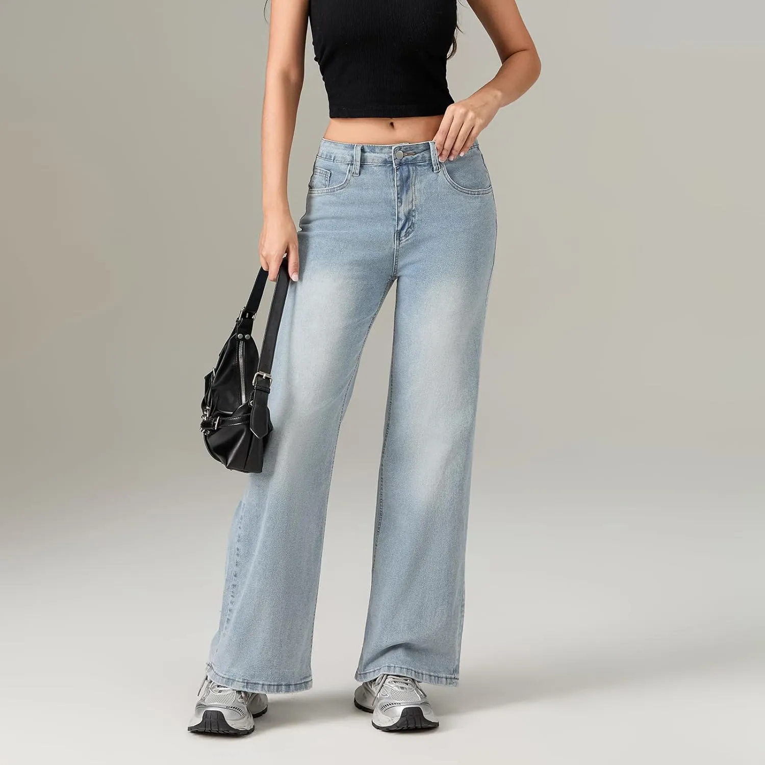 Womens Y2k Bootcut Jeans Pull On Wide Leg Stretch Washed Distressed Skinny Flare Pants Low Rise Trouser