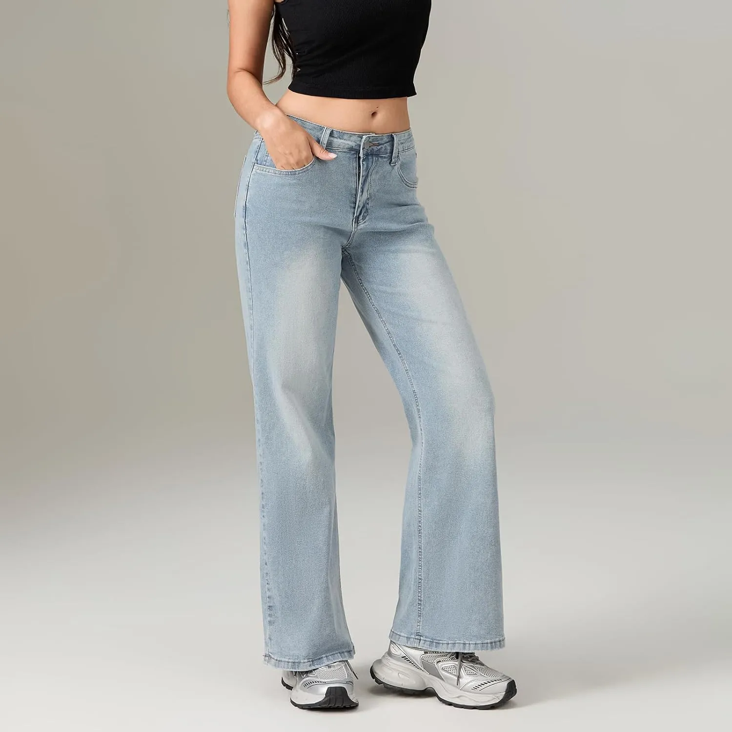 Womens Y2k Bootcut Jeans Pull On Wide Leg Stretch Washed Distressed Skinny Flare Pants Low Rise Trouser