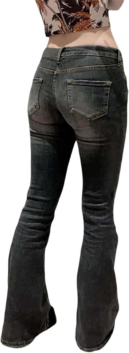Womens Y2k Bootcut Jeans Pull On Wide Leg Stretch Washed Distressed Skinny Flare Pants Low Rise Trouser