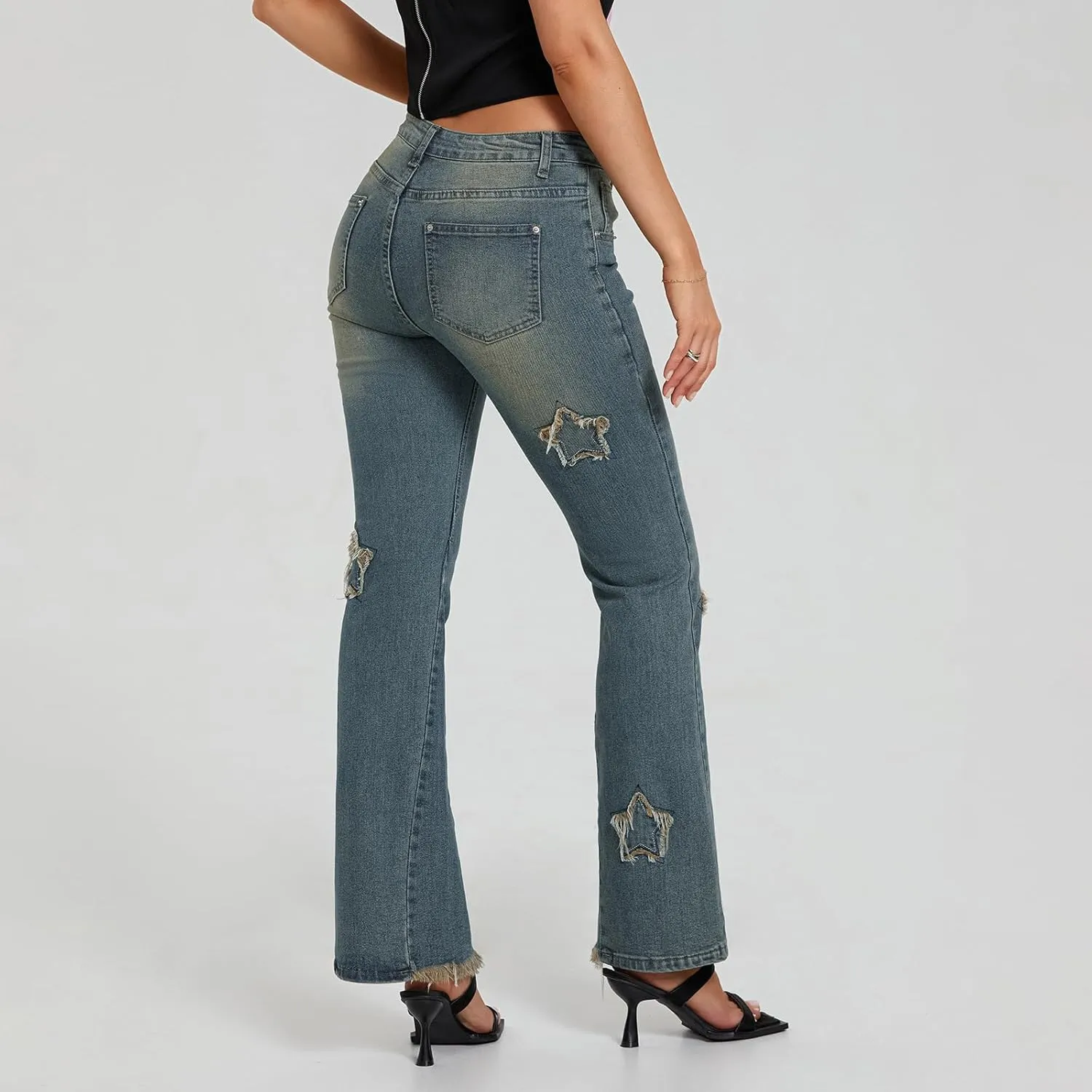 Womens Y2k Bootcut Jeans Pull On Wide Leg Stretch Washed Distressed Skinny Flare Pants Low Rise Trouser