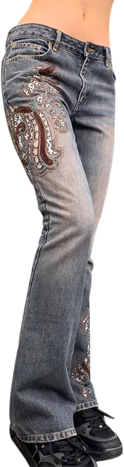 Womens Y2k Bootcut Jeans Pull On Wide Leg Stretch Washed Distressed Skinny Flare Pants Low Rise Trouser