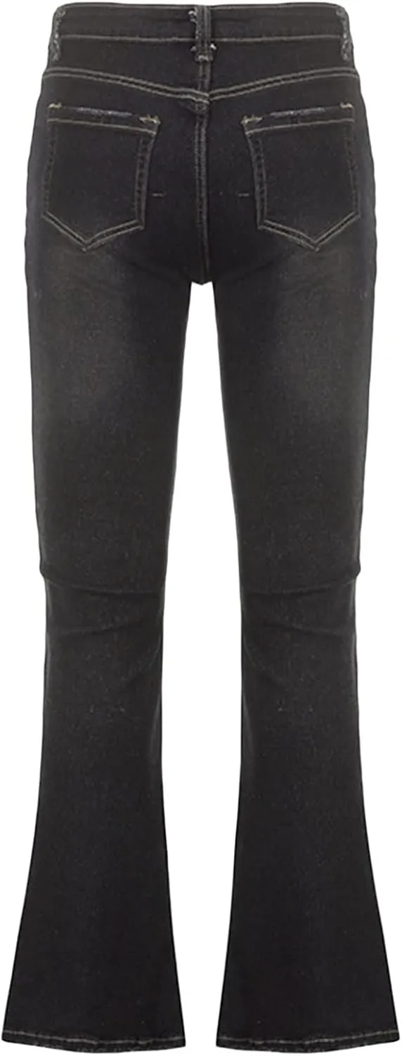 Womens Y2k Bootcut Jeans Pull On Wide Leg Stretch Washed Distressed Skinny Flare Pants Low Rise Trouser