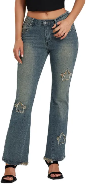 Womens Y2k Bootcut Jeans Pull On Wide Leg Stretch Washed Distressed Skinny Flare Pants Low Rise Trouser
