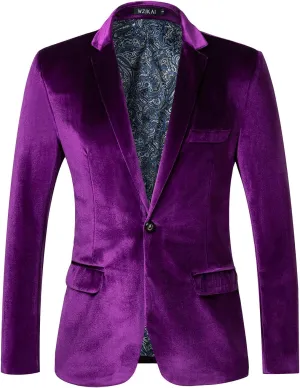 WZIKAI Mens Velvet Blazer One Button Slim Fit Solid Fashion Suit Jacket Sport Coat for Wedding Prom Dinner Party