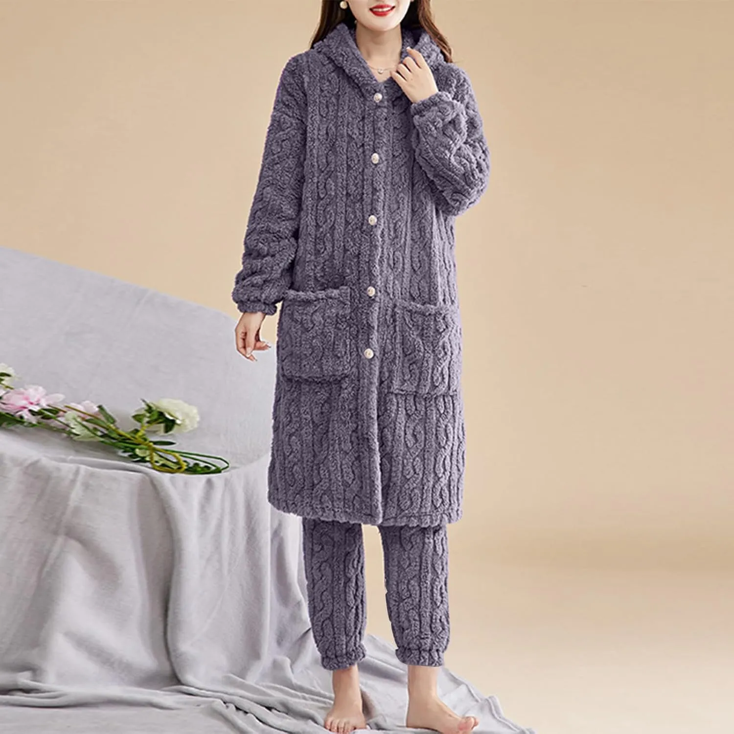 XUNRYAN Two Piece Outfits Women's Fuzzy Fleece Sherpa Jacket Hooded Pajama Set Mid Long Coat Plush Pants Loungewear sets