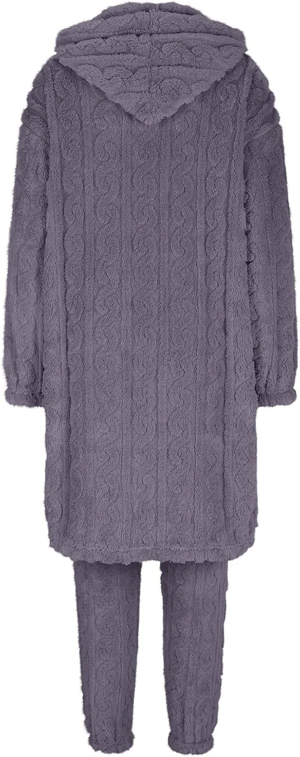 XUNRYAN Two Piece Outfits Women's Fuzzy Fleece Sherpa Jacket Hooded Pajama Set Mid Long Coat Plush Pants Loungewear sets
