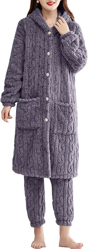 XUNRYAN Two Piece Outfits Women's Fuzzy Fleece Sherpa Jacket Hooded Pajama Set Mid Long Coat Plush Pants Loungewear sets