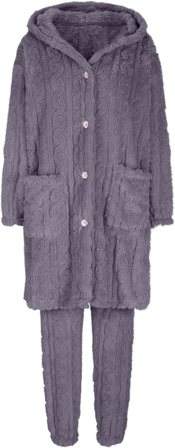 XUNRYAN Two Piece Outfits Women's Fuzzy Fleece Sherpa Jacket Hooded Pajama Set Mid Long Coat Plush Pants Loungewear sets