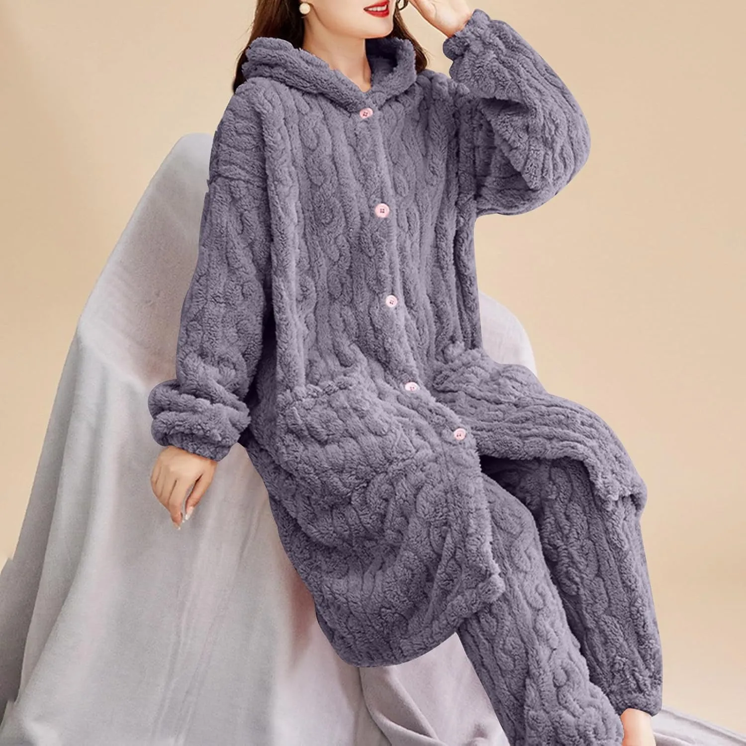 XUNRYAN Two Piece Outfits Women's Fuzzy Fleece Sherpa Jacket Hooded Pajama Set Mid Long Coat Plush Pants Loungewear sets