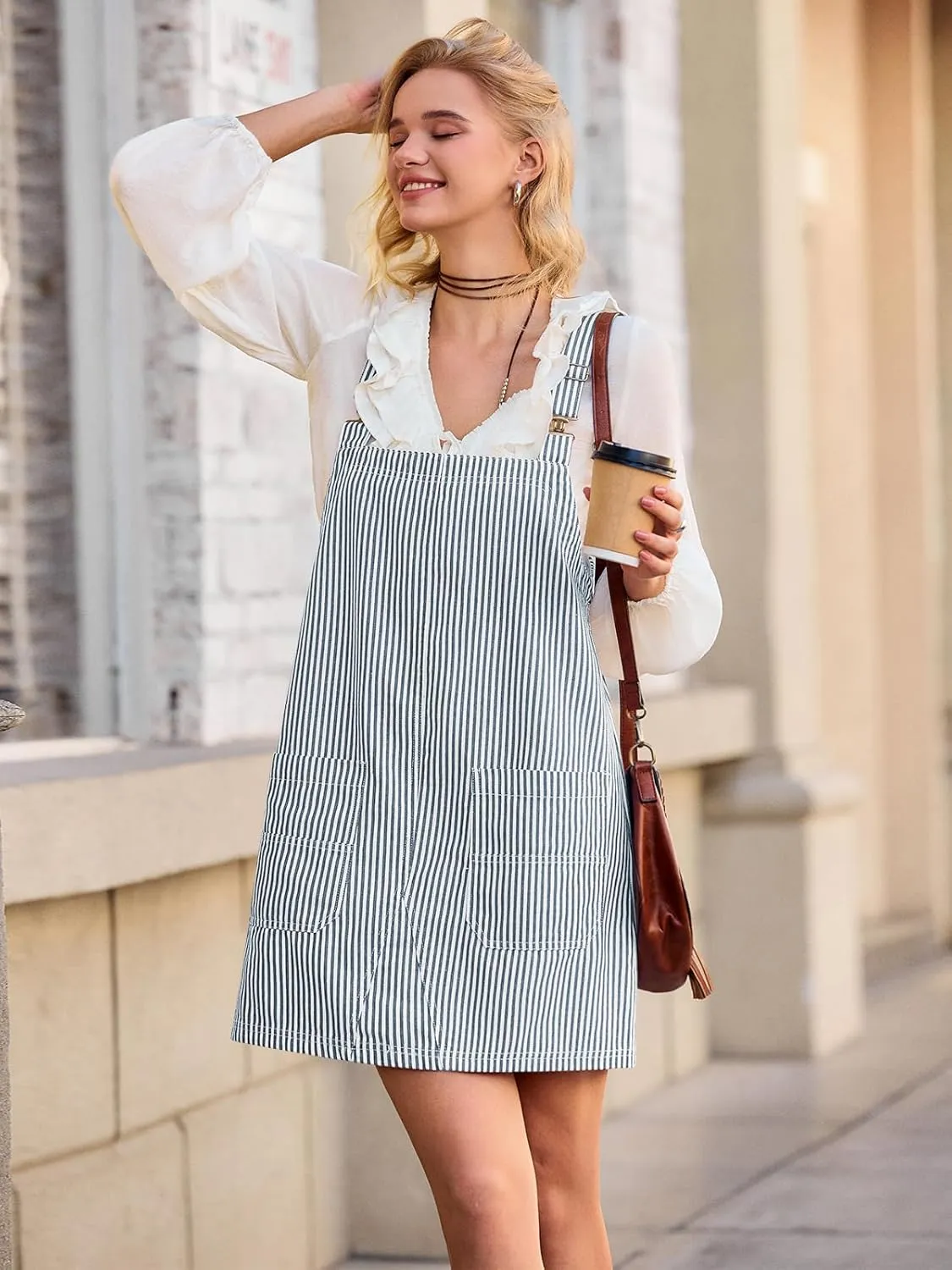 Yousify Womens Casual Denim Dress Summer Striped Overalls Romper Adjustable Straps Sleeveless Jean Dresses with Pockets