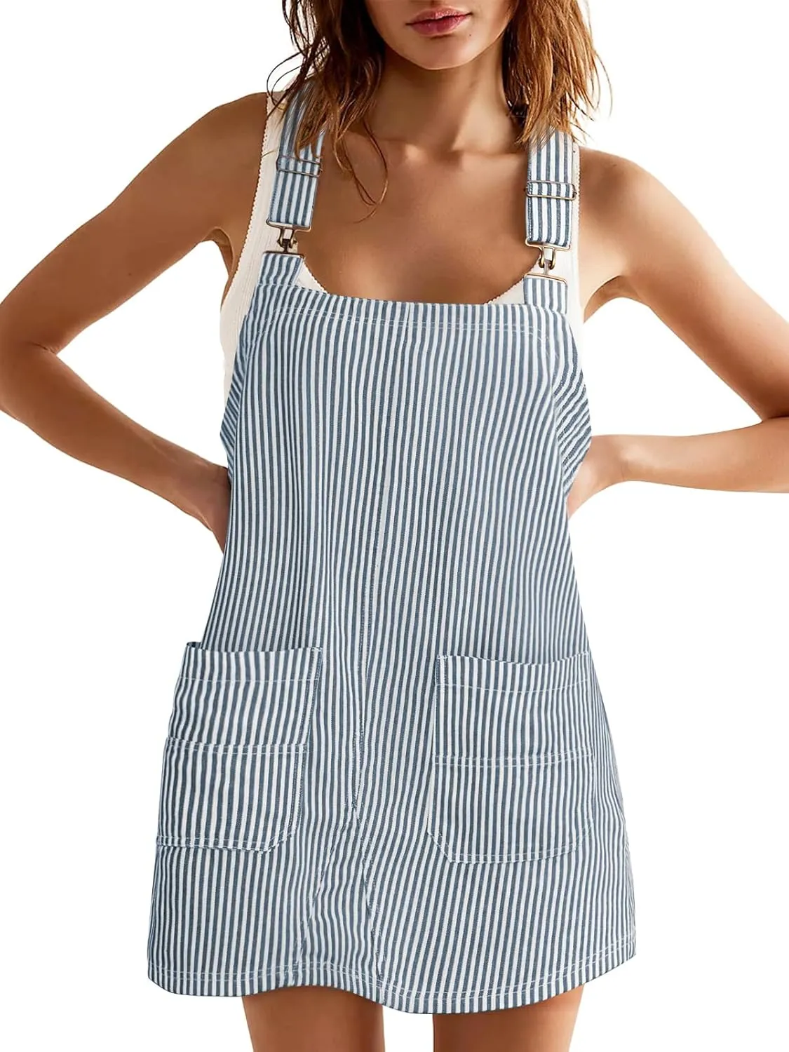 Yousify Womens Casual Denim Dress Summer Striped Overalls Romper Adjustable Straps Sleeveless Jean Dresses with Pockets