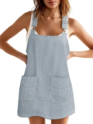 Yousify Womens Casual Denim Dress Summer Striped Overalls Romper Adjustable Straps Sleeveless Jean Dresses with Pockets