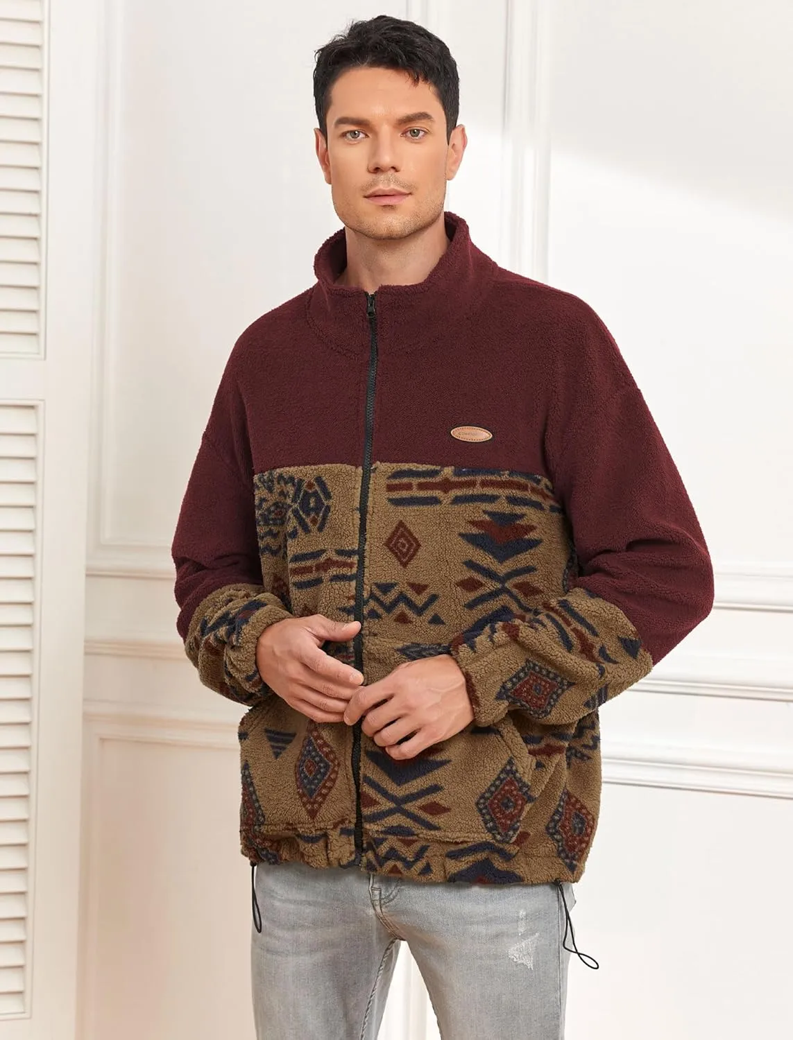 ZAFUL Men Ethnic Aztec Printed Fluffy Fuzzy Jacket Plush Fleece Casual Stand Collar Zip Outwear Cardigan Coat with Pockets