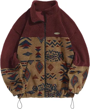 ZAFUL Men Ethnic Aztec Printed Fluffy Fuzzy Jacket Plush Fleece Casual Stand Collar Zip Outwear Cardigan Coat with Pockets