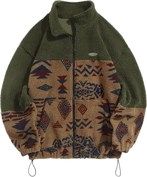 ZAFUL Men Ethnic Aztec Printed Fluffy Fuzzy Jacket Plush Fleece Casual Stand Collar Zip Outwear Cardigan Coat with Pockets