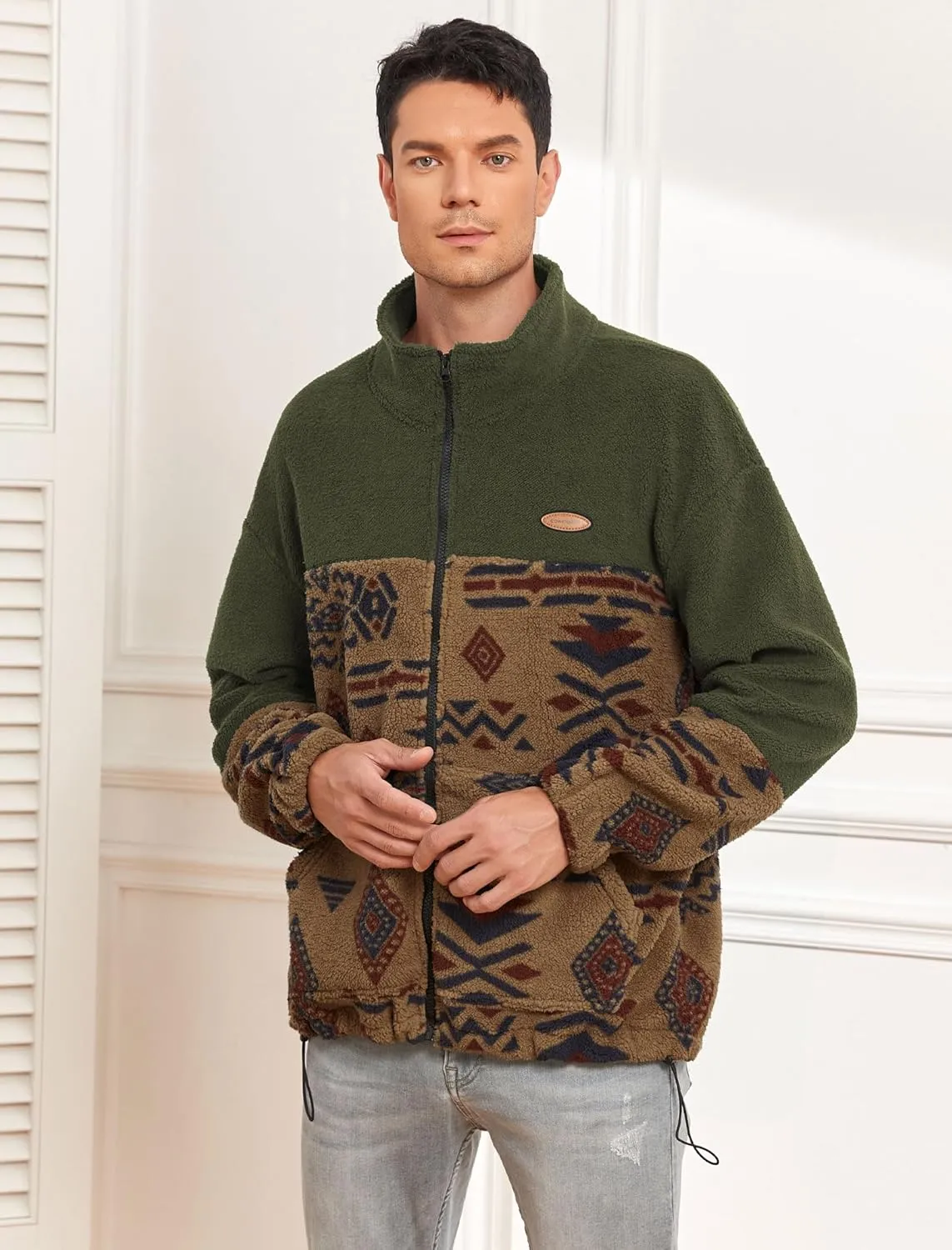 ZAFUL Men Ethnic Aztec Printed Fluffy Fuzzy Jacket Plush Fleece Casual Stand Collar Zip Outwear Cardigan Coat with Pockets