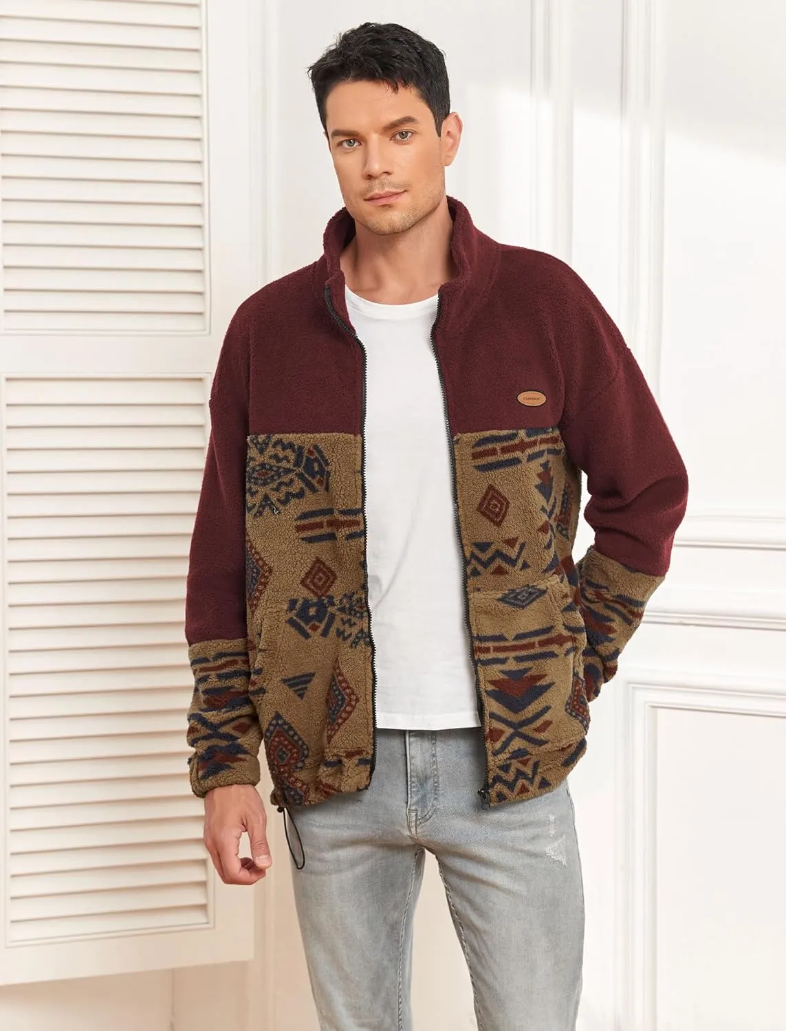 ZAFUL Men Ethnic Aztec Printed Fluffy Fuzzy Jacket Plush Fleece Casual Stand Collar Zip Outwear Cardigan Coat with Pockets