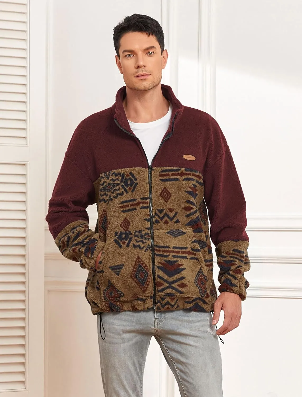 ZAFUL Men Ethnic Aztec Printed Fluffy Fuzzy Jacket Plush Fleece Casual Stand Collar Zip Outwear Cardigan Coat with Pockets