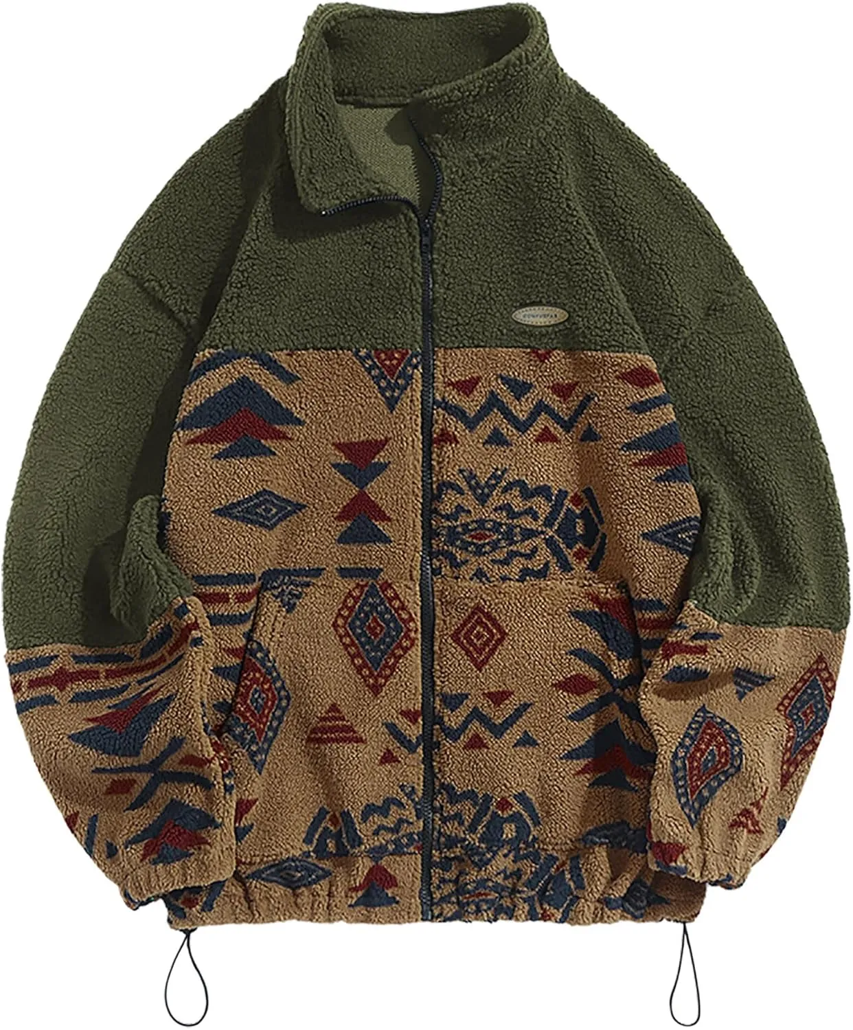 ZAFUL Men Ethnic Aztec Printed Fluffy Fuzzy Jacket Plush Fleece Casual Stand Collar Zip Outwear Cardigan Coat with Pockets