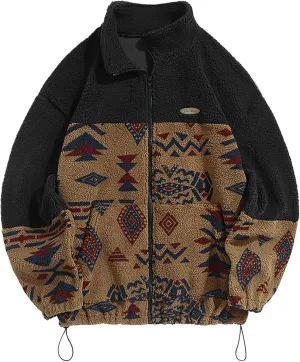 ZAFUL Men Ethnic Aztec Printed Fluffy Fuzzy Jacket Plush Fleece Casual Stand Collar Zip Outwear Cardigan Coat with Pockets