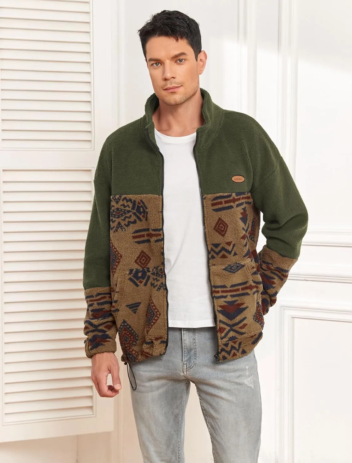 ZAFUL Men Ethnic Aztec Printed Fluffy Fuzzy Jacket Plush Fleece Casual Stand Collar Zip Outwear Cardigan Coat with Pockets