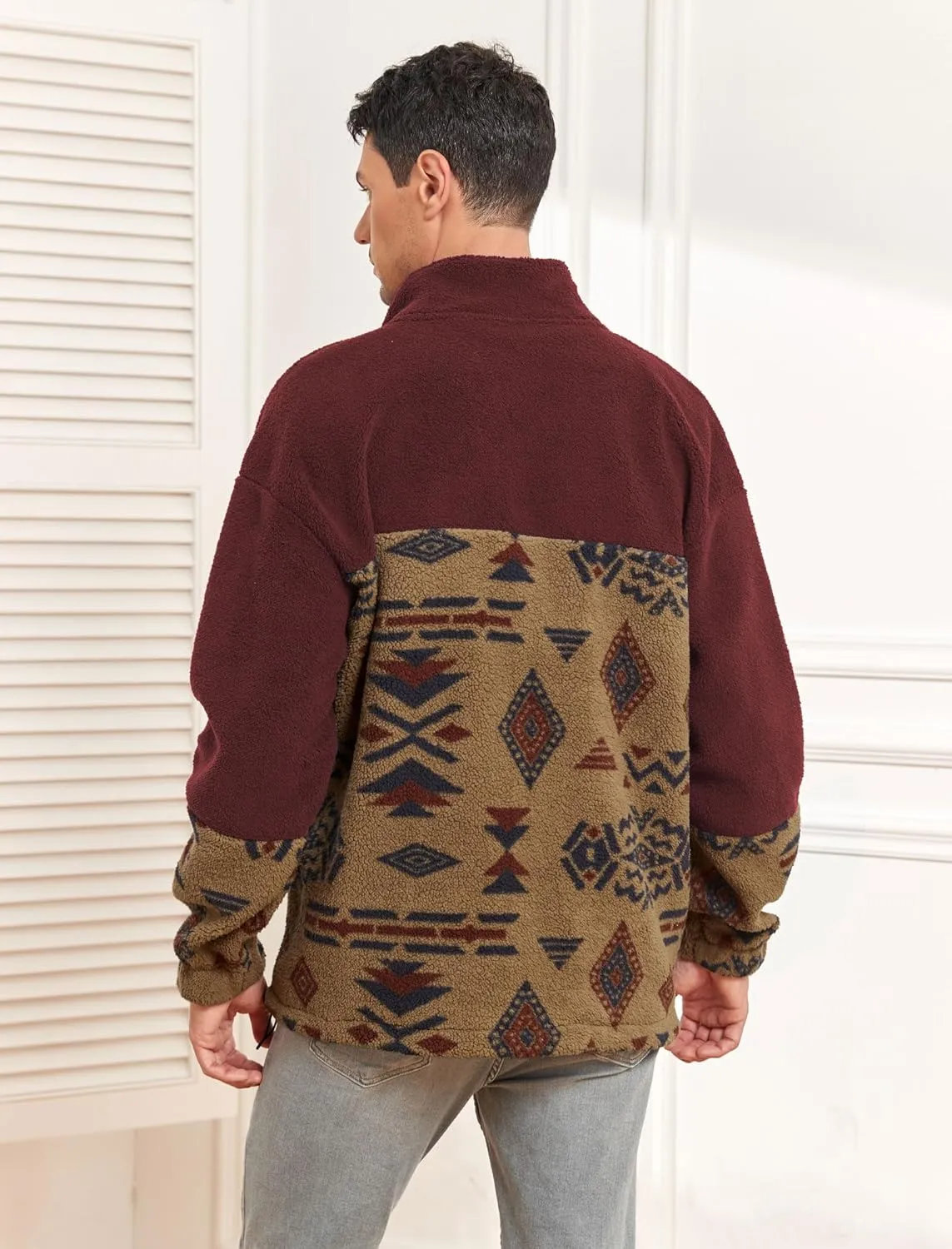 ZAFUL Men Ethnic Aztec Printed Fluffy Fuzzy Jacket Plush Fleece Casual Stand Collar Zip Outwear Cardigan Coat with Pockets