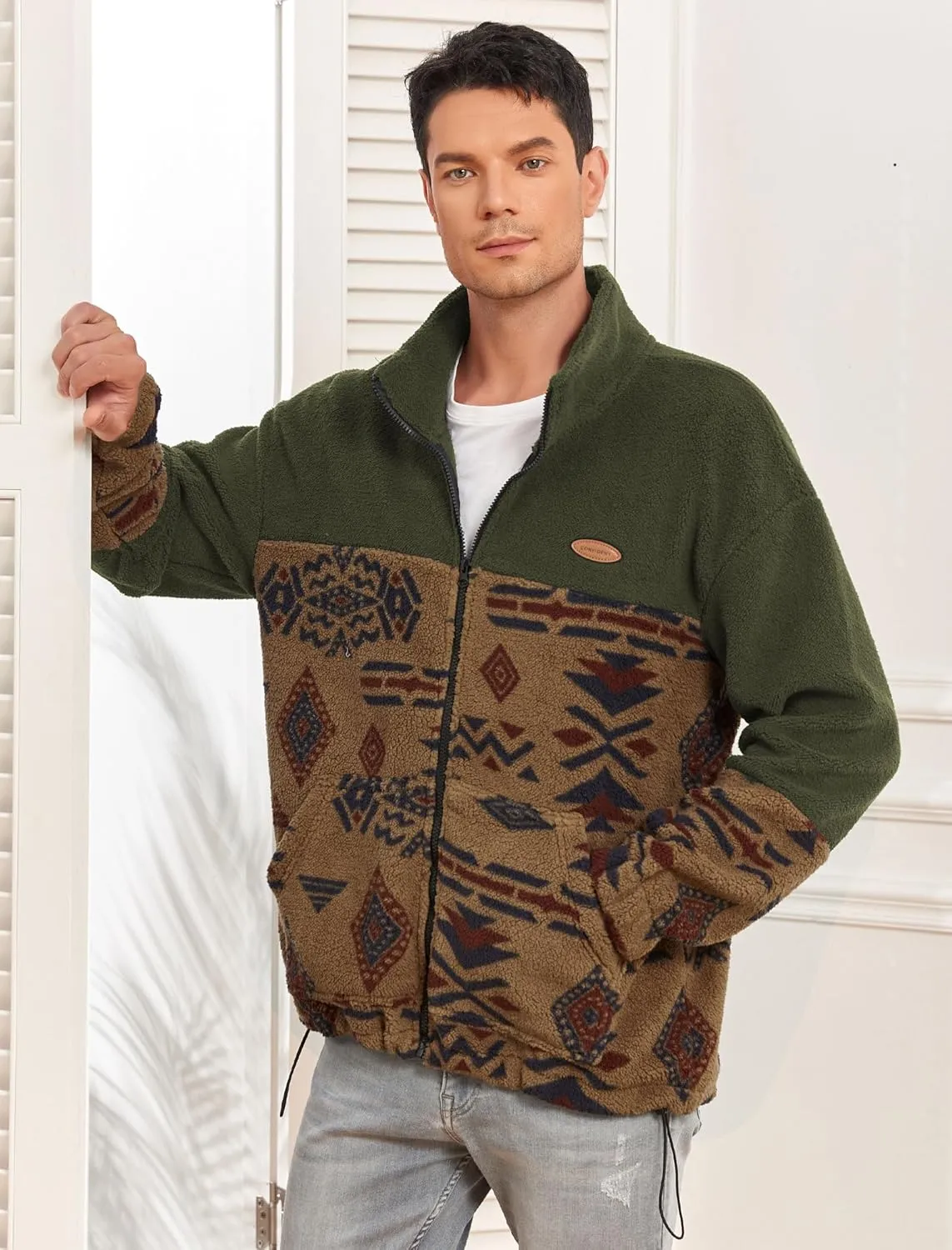 ZAFUL Men Ethnic Aztec Printed Fluffy Fuzzy Jacket Plush Fleece Casual Stand Collar Zip Outwear Cardigan Coat with Pockets