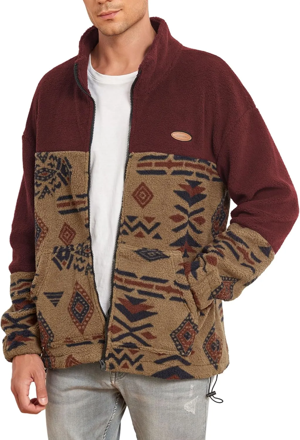 ZAFUL Men Ethnic Aztec Printed Fluffy Fuzzy Jacket Plush Fleece Casual Stand Collar Zip Outwear Cardigan Coat with Pockets