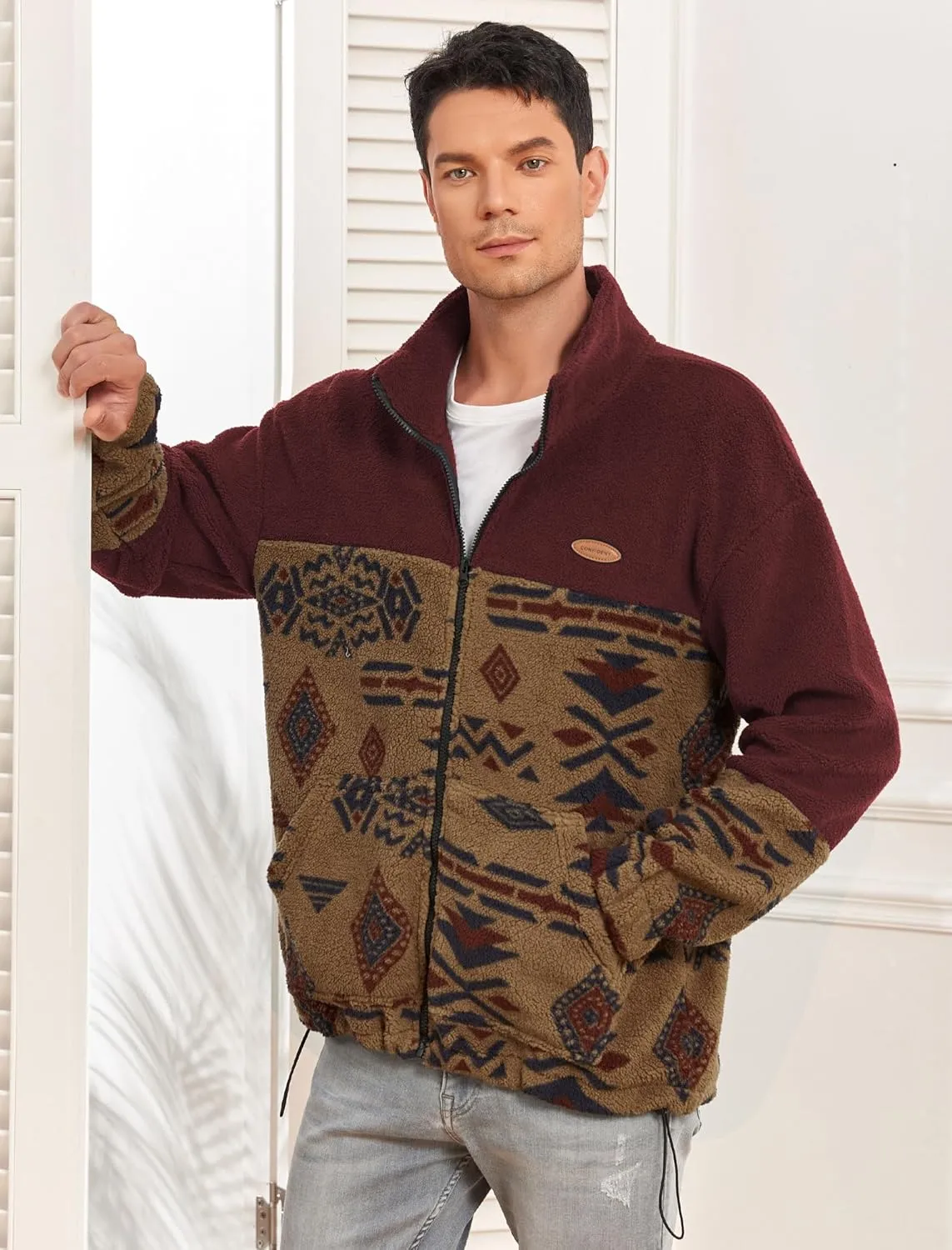 ZAFUL Men Ethnic Aztec Printed Fluffy Fuzzy Jacket Plush Fleece Casual Stand Collar Zip Outwear Cardigan Coat with Pockets