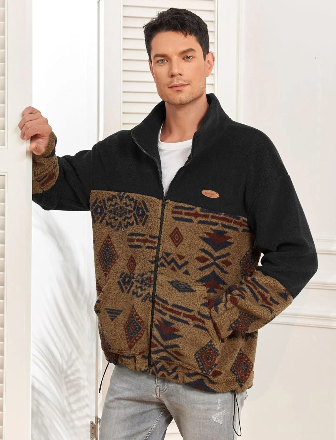 ZAFUL Men Ethnic Aztec Printed Fluffy Fuzzy Jacket Plush Fleece Casual Stand Collar Zip Outwear Cardigan Coat with Pockets
