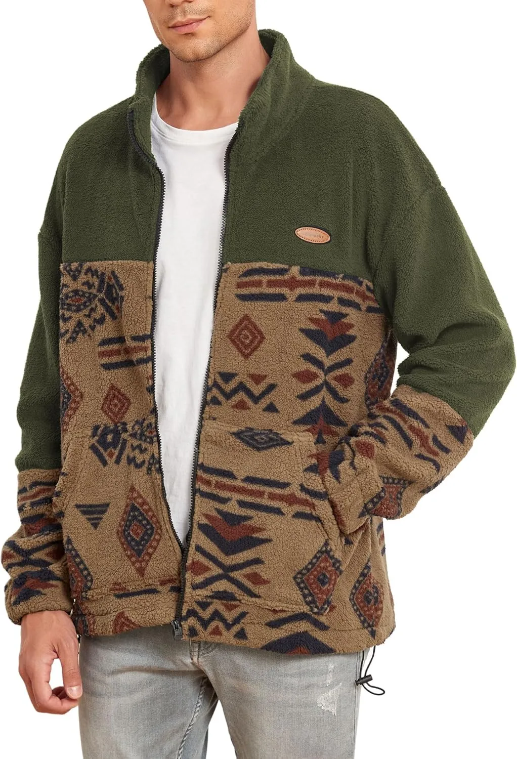 ZAFUL Men Ethnic Aztec Printed Fluffy Fuzzy Jacket Plush Fleece Casual Stand Collar Zip Outwear Cardigan Coat with Pockets