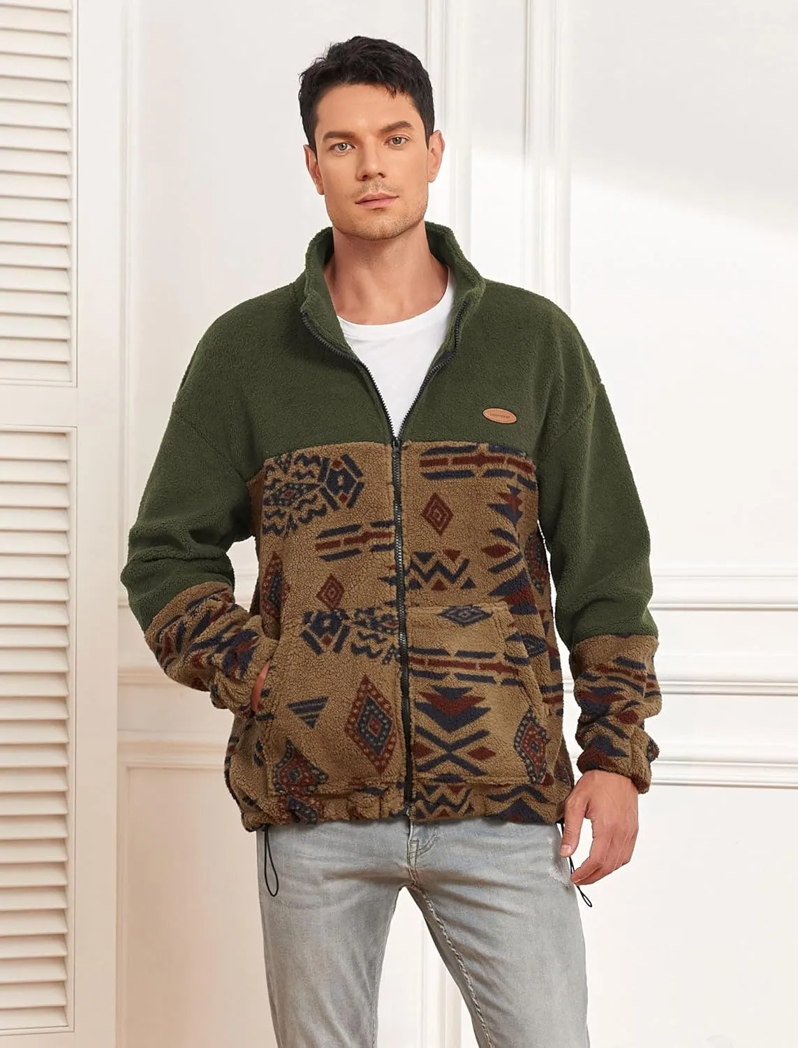 ZAFUL Men Ethnic Aztec Printed Fluffy Fuzzy Jacket Plush Fleece Casual Stand Collar Zip Outwear Cardigan Coat with Pockets