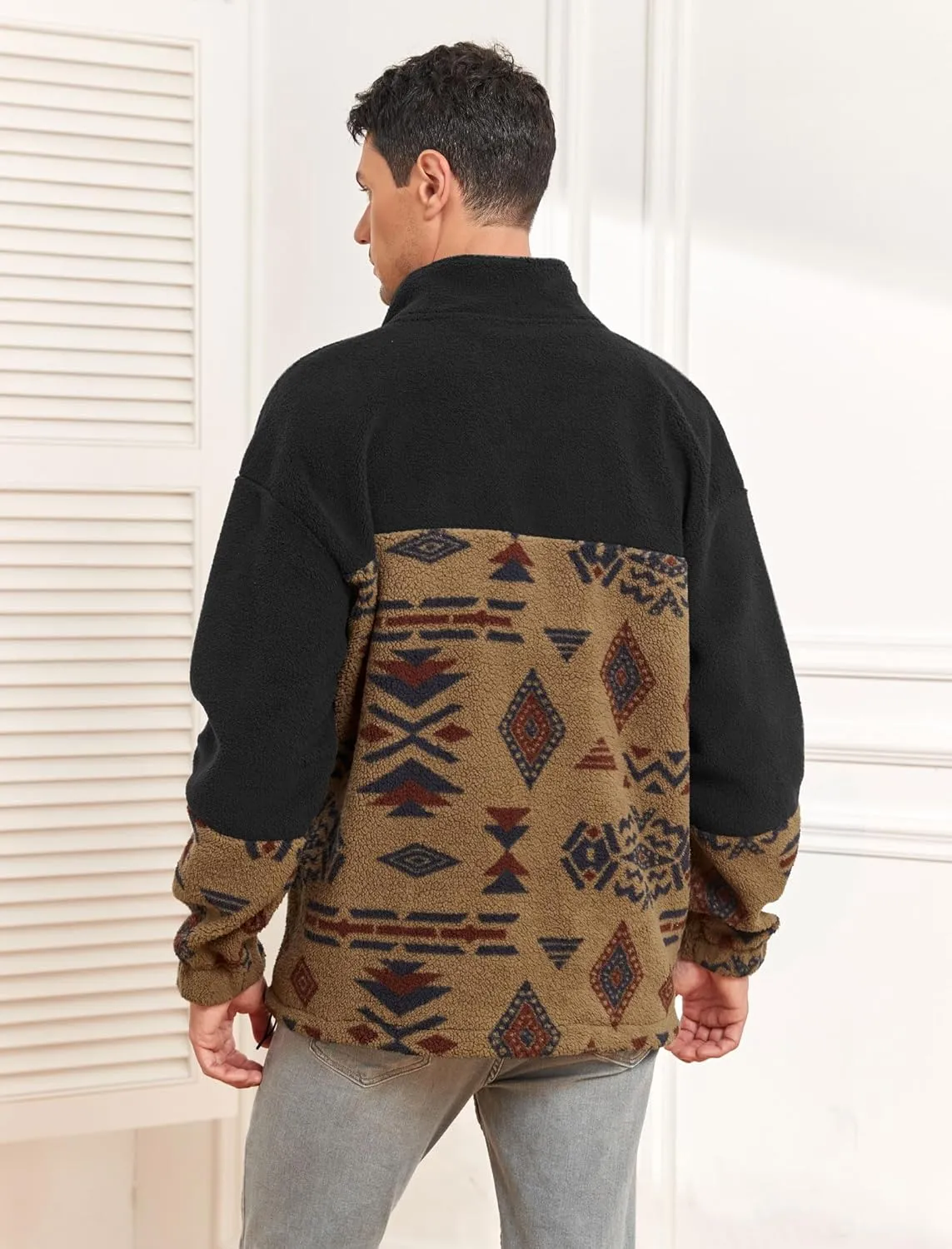 ZAFUL Men Ethnic Aztec Printed Fluffy Fuzzy Jacket Plush Fleece Casual Stand Collar Zip Outwear Cardigan Coat with Pockets