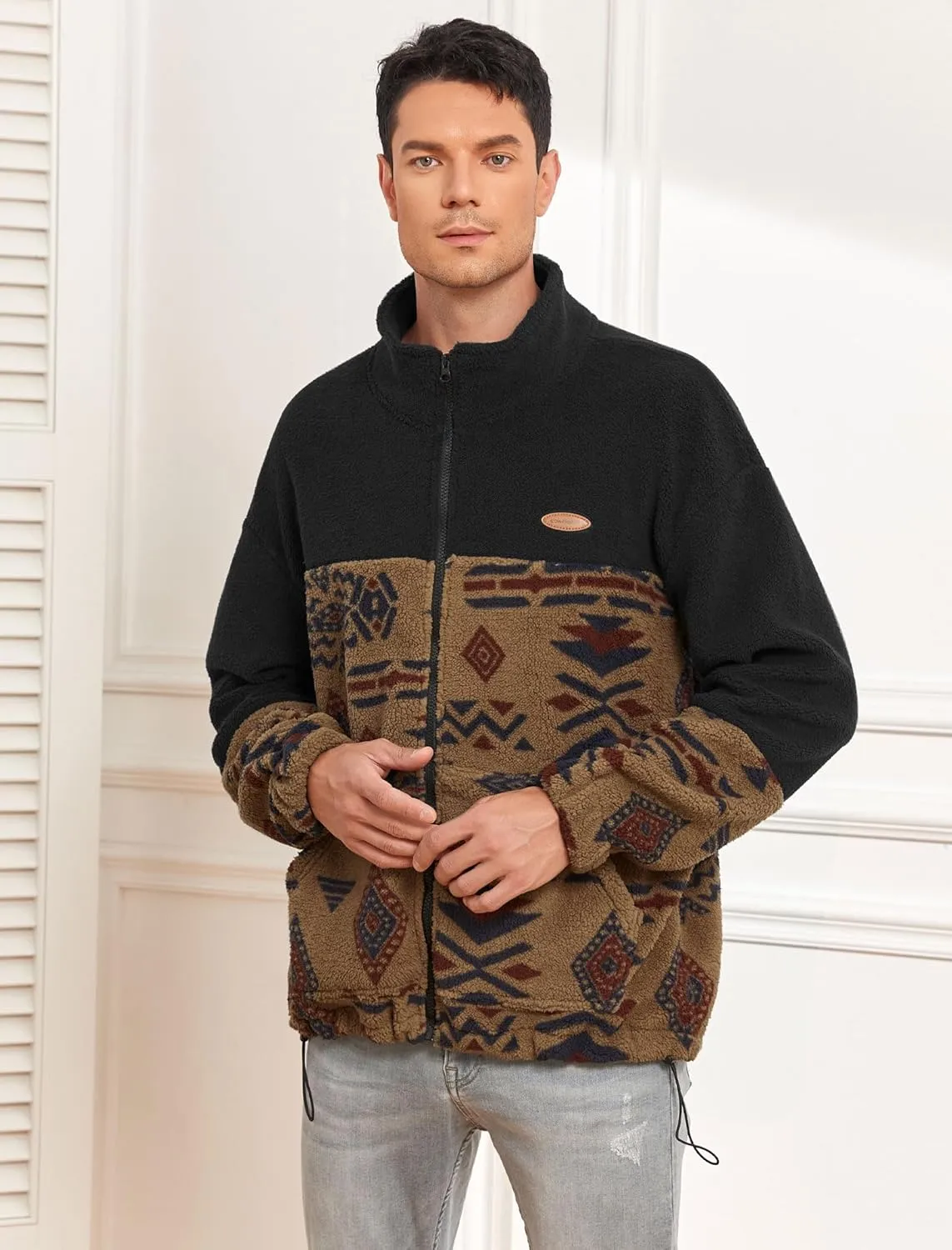 ZAFUL Men Ethnic Aztec Printed Fluffy Fuzzy Jacket Plush Fleece Casual Stand Collar Zip Outwear Cardigan Coat with Pockets